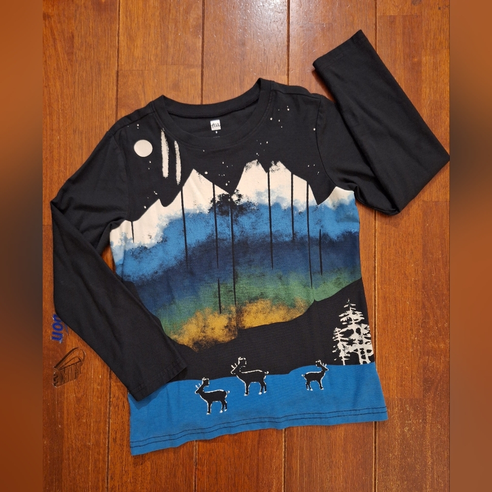 Boys Tea Collection Long Sleeve Mountain Print Shirt - Black and Blue Size 8 - Picture 2 of 6